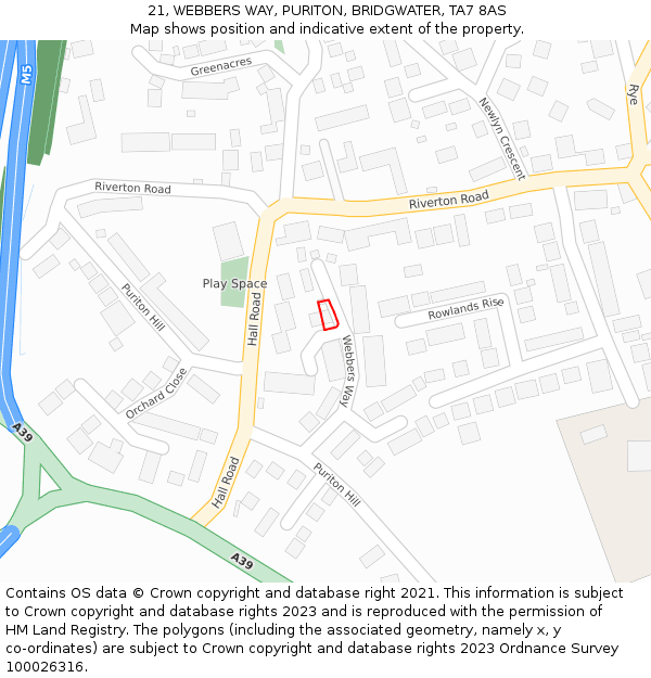 21, WEBBERS WAY, PURITON, BRIDGWATER, TA7 8AS: Location map and indicative extent of plot