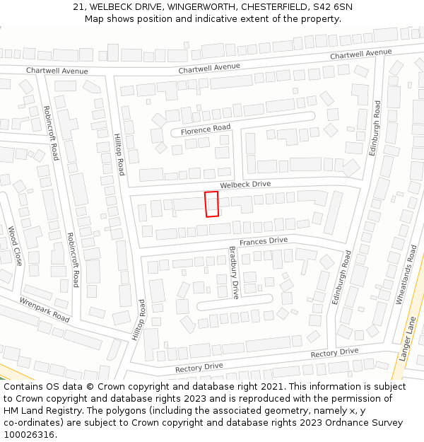 21, WELBECK DRIVE, WINGERWORTH, CHESTERFIELD, S42 6SN: Location map and indicative extent of plot