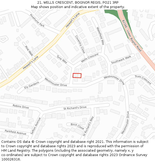 21, WELLS CRESCENT, BOGNOR REGIS, PO21 3RP: Location map and indicative extent of plot