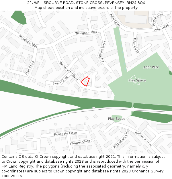 21, WELLSBOURNE ROAD, STONE CROSS, PEVENSEY, BN24 5QX: Location map and indicative extent of plot