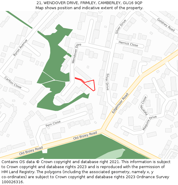 21, WENDOVER DRIVE, FRIMLEY, CAMBERLEY, GU16 9QP: Location map and indicative extent of plot