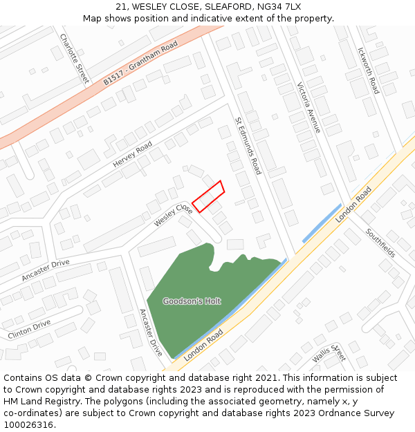 21, WESLEY CLOSE, SLEAFORD, NG34 7LX: Location map and indicative extent of plot