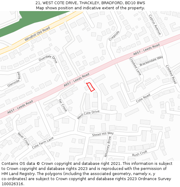 21, WEST COTE DRIVE, THACKLEY, BRADFORD, BD10 8WS: Location map and indicative extent of plot