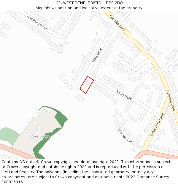 21, WEST DENE, BRISTOL, BS9 2BQ: Location map and indicative extent of plot