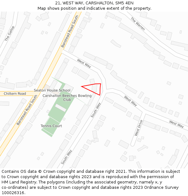 21, WEST WAY, CARSHALTON, SM5 4EN: Location map and indicative extent of plot