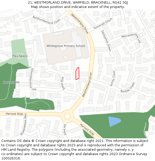 21, WESTMORLAND DRIVE, WARFIELD, BRACKNELL, RG42 3QJ: Location map and indicative extent of plot