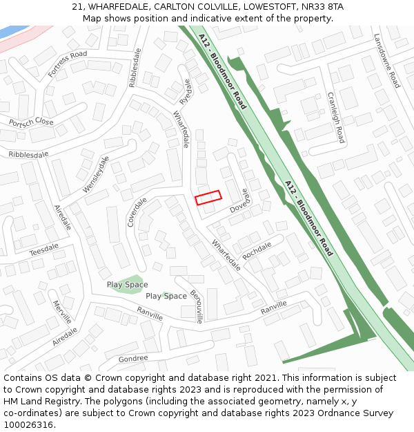 21, WHARFEDALE, CARLTON COLVILLE, LOWESTOFT, NR33 8TA: Location map and indicative extent of plot