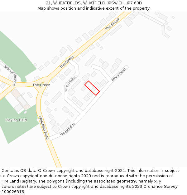 21, WHEATFIELDS, WHATFIELD, IPSWICH, IP7 6RB: Location map and indicative extent of plot