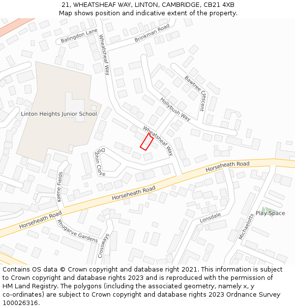 21, WHEATSHEAF WAY, LINTON, CAMBRIDGE, CB21 4XB: Location map and indicative extent of plot