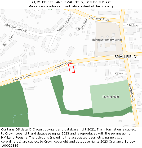 21, WHEELERS LANE, SMALLFIELD, HORLEY, RH6 9PT: Location map and indicative extent of plot