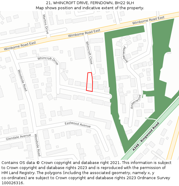 21, WHINCROFT DRIVE, FERNDOWN, BH22 9LH: Location map and indicative extent of plot