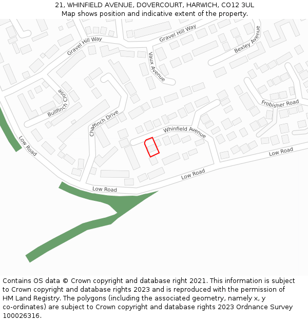 21, WHINFIELD AVENUE, DOVERCOURT, HARWICH, CO12 3UL: Location map and indicative extent of plot