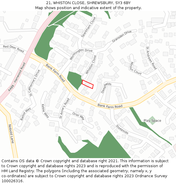 21, WHISTON CLOSE, SHREWSBURY, SY3 6BY: Location map and indicative extent of plot