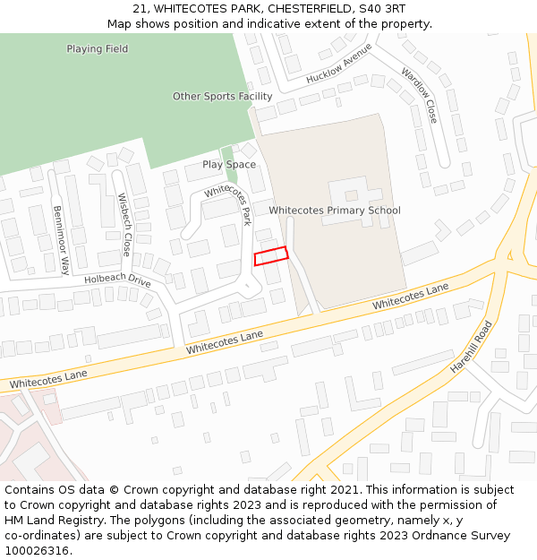 21, WHITECOTES PARK, CHESTERFIELD, S40 3RT: Location map and indicative extent of plot