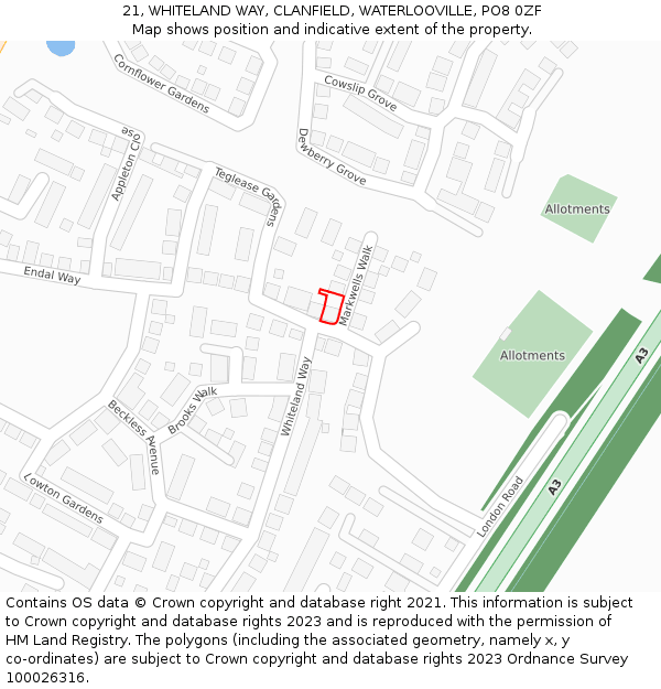 21, WHITELAND WAY, CLANFIELD, WATERLOOVILLE, PO8 0ZF: Location map and indicative extent of plot