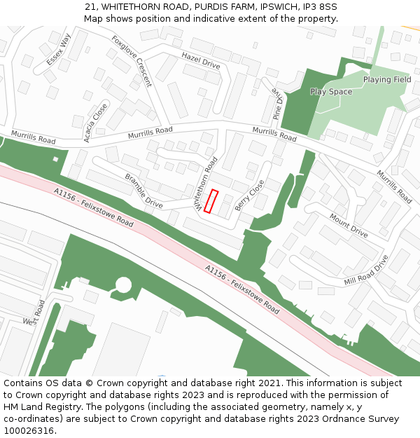 21, WHITETHORN ROAD, PURDIS FARM, IPSWICH, IP3 8SS: Location map and indicative extent of plot