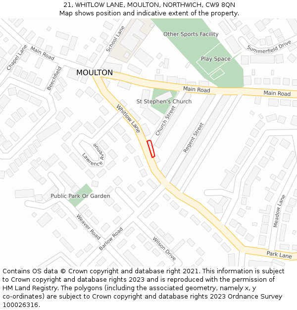 21, WHITLOW LANE, MOULTON, NORTHWICH, CW9 8QN: Location map and indicative extent of plot