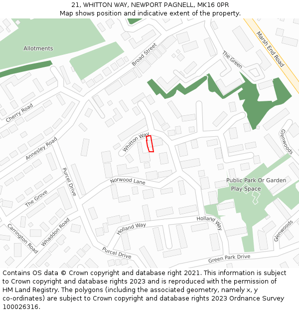21, WHITTON WAY, NEWPORT PAGNELL, MK16 0PR: Location map and indicative extent of plot