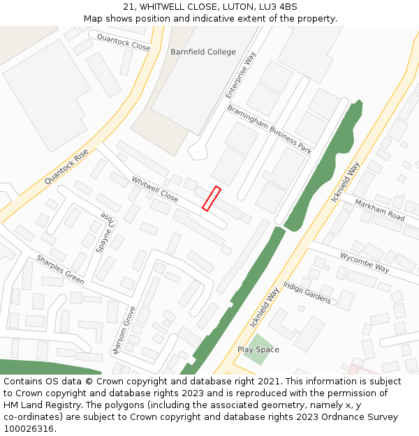 21, WHITWELL CLOSE, LUTON, LU3 4BS: Location map and indicative extent of plot