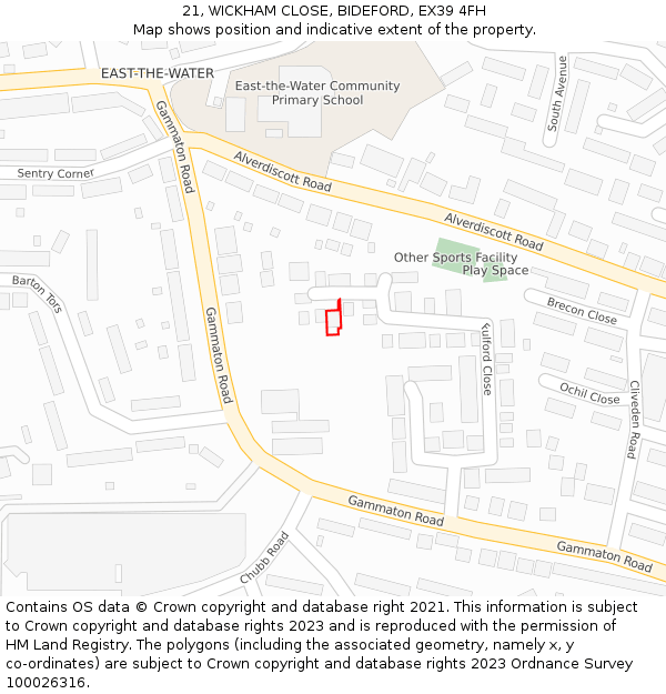 21, WICKHAM CLOSE, BIDEFORD, EX39 4FH: Location map and indicative extent of plot