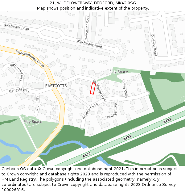 21, WILDFLOWER WAY, BEDFORD, MK42 0SG: Location map and indicative extent of plot