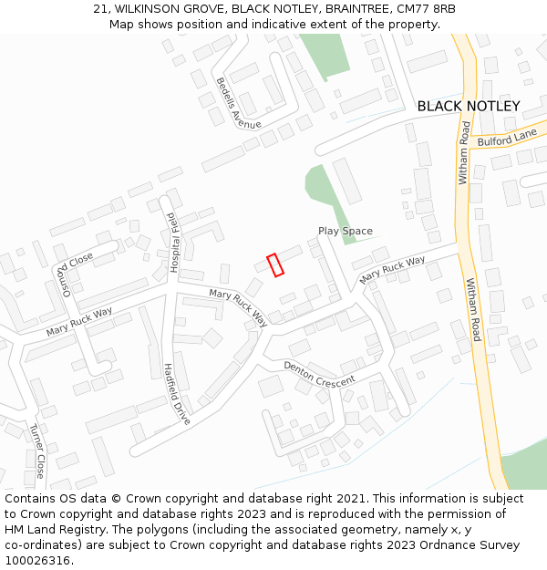 21, WILKINSON GROVE, BLACK NOTLEY, BRAINTREE, CM77 8RB: Location map and indicative extent of plot