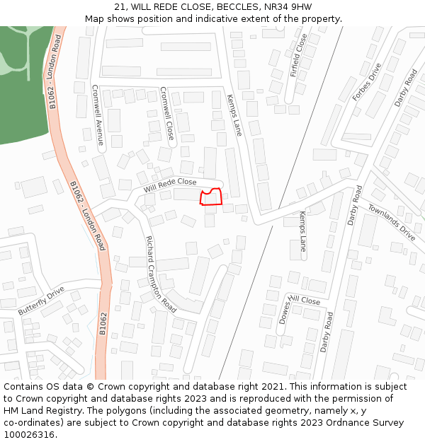 21, WILL REDE CLOSE, BECCLES, NR34 9HW: Location map and indicative extent of plot