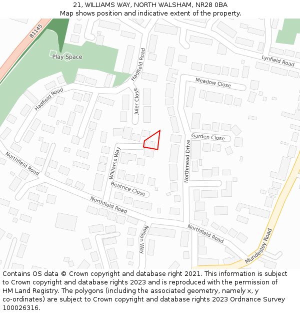 21, WILLIAMS WAY, NORTH WALSHAM, NR28 0BA: Location map and indicative extent of plot