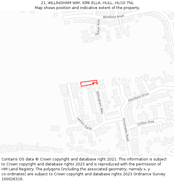 21, WILLINGHAM WAY, KIRK ELLA, HULL, HU10 7NL: Location map and indicative extent of plot