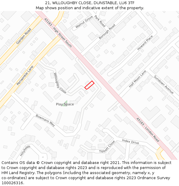 21, WILLOUGHBY CLOSE, DUNSTABLE, LU6 3TF: Location map and indicative extent of plot
