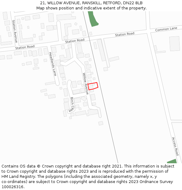 21, WILLOW AVENUE, RANSKILL, RETFORD, DN22 8LB: Location map and indicative extent of plot