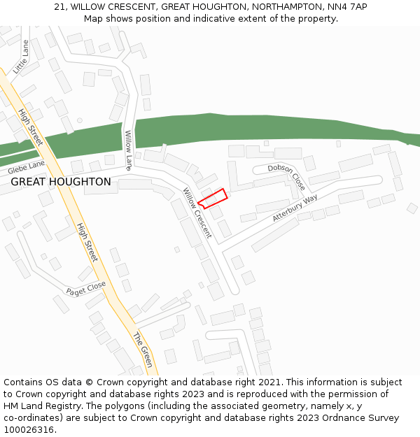 21, WILLOW CRESCENT, GREAT HOUGHTON, NORTHAMPTON, NN4 7AP: Location map and indicative extent of plot