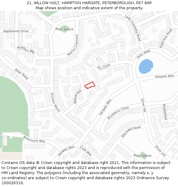 21, WILLOW HOLT, HAMPTON HARGATE, PETERBOROUGH, PE7 8AP: Location map and indicative extent of plot