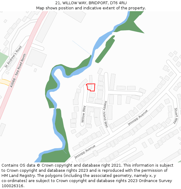 21, WILLOW WAY, BRIDPORT, DT6 4RU: Location map and indicative extent of plot