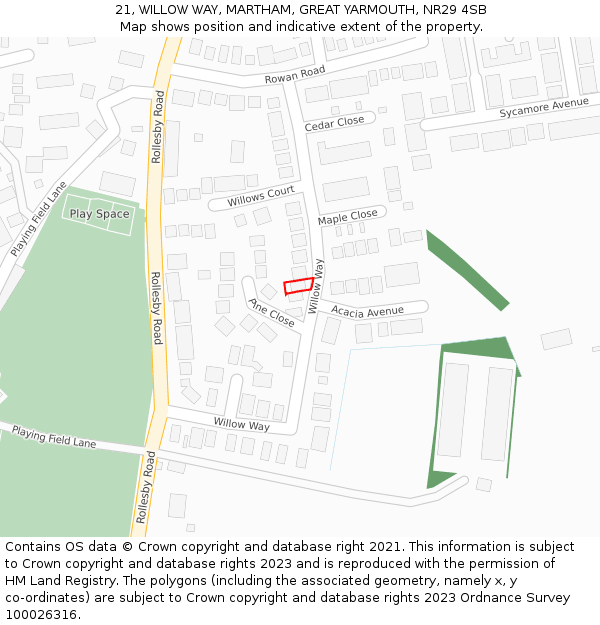 21, WILLOW WAY, MARTHAM, GREAT YARMOUTH, NR29 4SB: Location map and indicative extent of plot