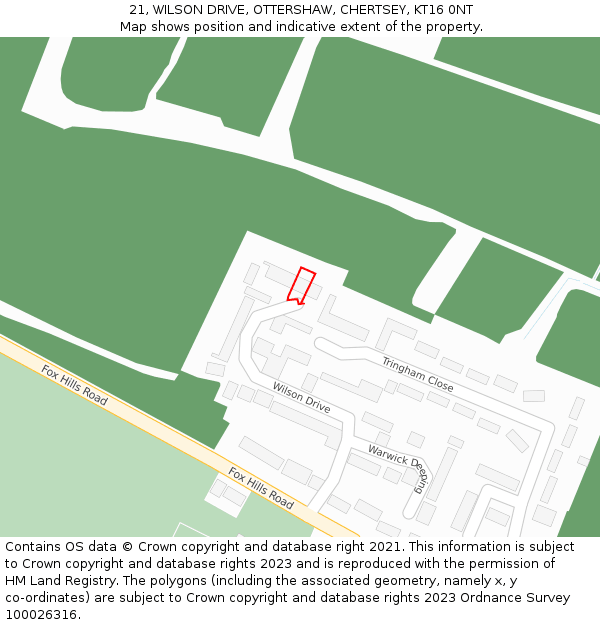 21, WILSON DRIVE, OTTERSHAW, CHERTSEY, KT16 0NT: Location map and indicative extent of plot