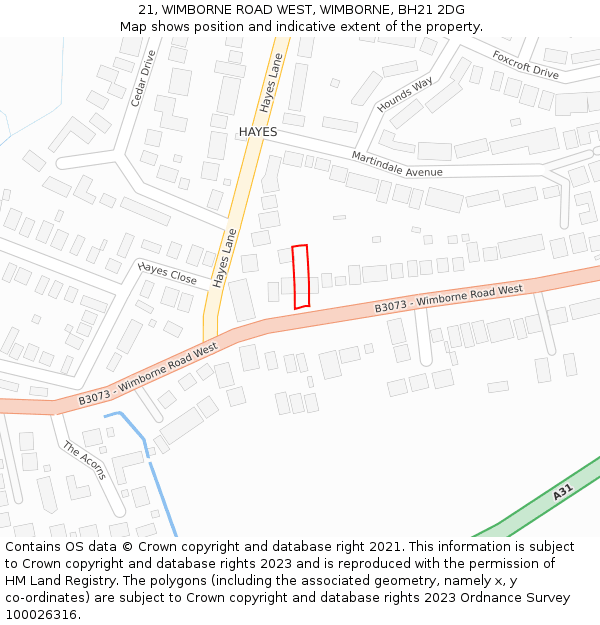 21, WIMBORNE ROAD WEST, WIMBORNE, BH21 2DG: Location map and indicative extent of plot