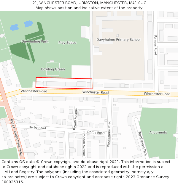 21, WINCHESTER ROAD, URMSTON, MANCHESTER, M41 0UG: Location map and indicative extent of plot