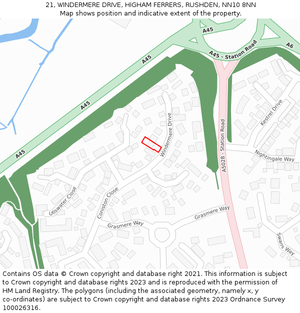 21, WINDERMERE DRIVE, HIGHAM FERRERS, RUSHDEN, NN10 8NN: Location map and indicative extent of plot