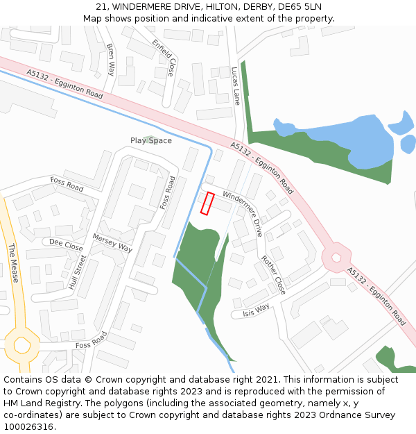 21, WINDERMERE DRIVE, HILTON, DERBY, DE65 5LN: Location map and indicative extent of plot
