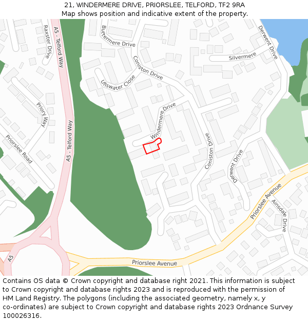 21, WINDERMERE DRIVE, PRIORSLEE, TELFORD, TF2 9RA: Location map and indicative extent of plot