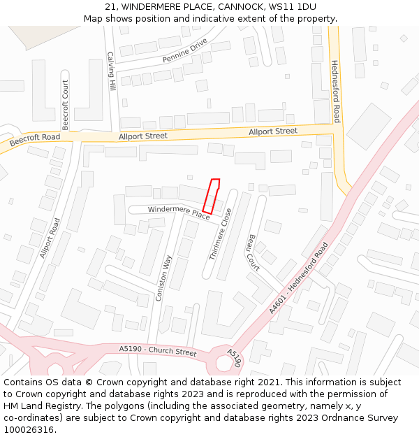 21, WINDERMERE PLACE, CANNOCK, WS11 1DU: Location map and indicative extent of plot