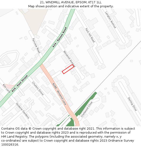 21, WINDMILL AVENUE, EPSOM, KT17 1LL: Location map and indicative extent of plot
