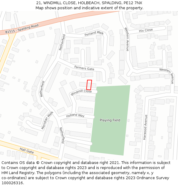21, WINDMILL CLOSE, HOLBEACH, SPALDING, PE12 7NX: Location map and indicative extent of plot