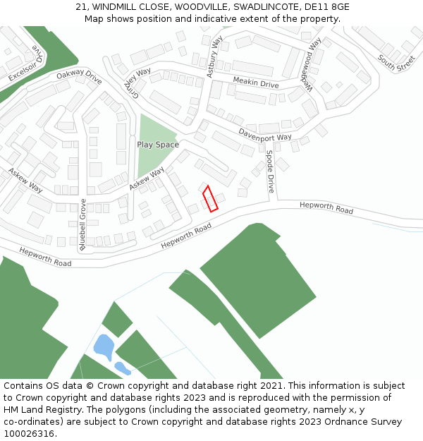 21, WINDMILL CLOSE, WOODVILLE, SWADLINCOTE, DE11 8GE: Location map and indicative extent of plot