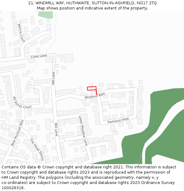 21, WINDMILL WAY, HUTHWAITE, SUTTON-IN-ASHFIELD, NG17 2TQ: Location map and indicative extent of plot