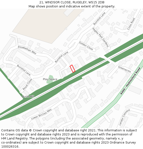 21, WINDSOR CLOSE, RUGELEY, WS15 2DB: Location map and indicative extent of plot