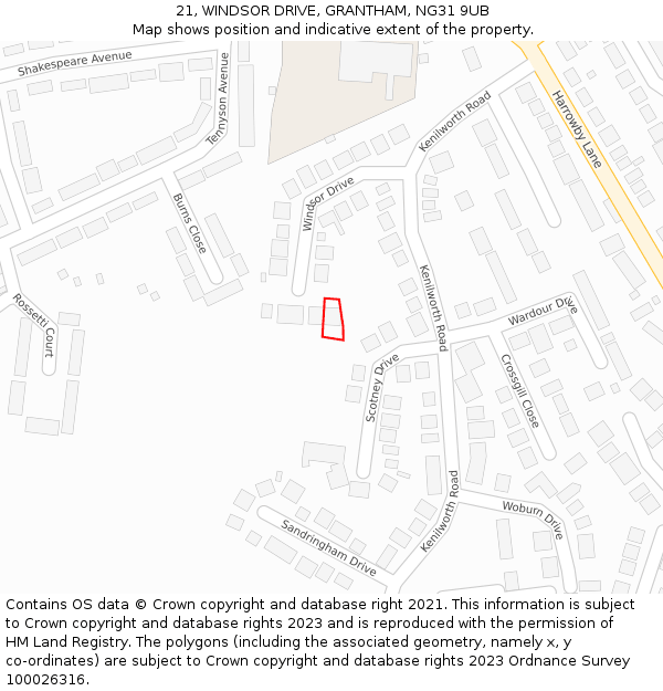 21, WINDSOR DRIVE, GRANTHAM, NG31 9UB: Location map and indicative extent of plot