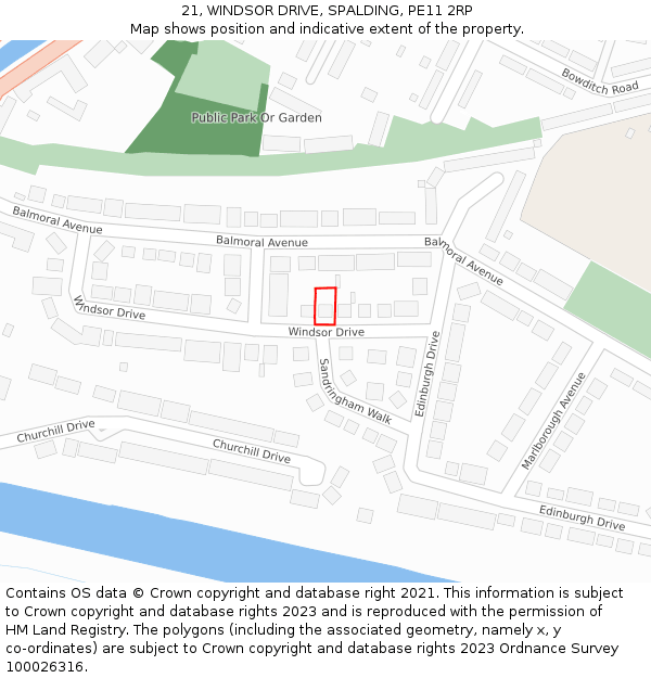 21, WINDSOR DRIVE, SPALDING, PE11 2RP: Location map and indicative extent of plot