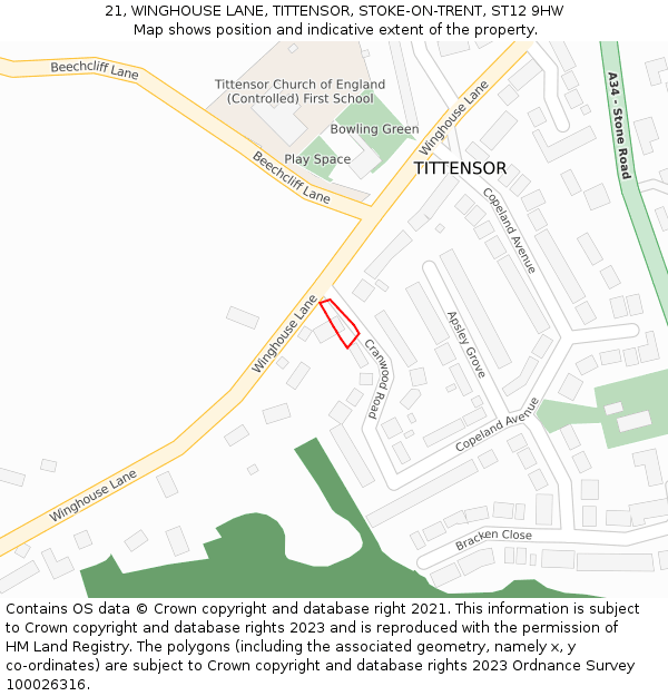 21, WINGHOUSE LANE, TITTENSOR, STOKE-ON-TRENT, ST12 9HW: Location map and indicative extent of plot